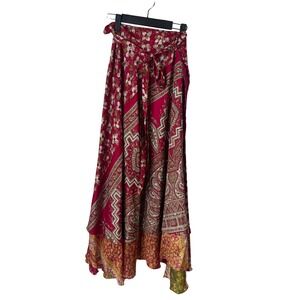 Silk Blend Paisley Floral Wrap Maxi Skirt Magenta Boho Festival RN 98598